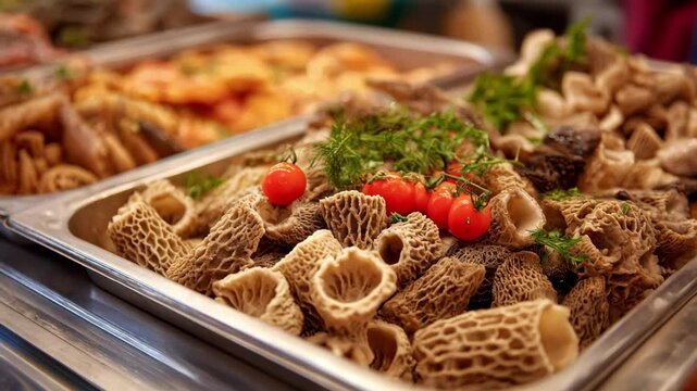 Varied selection of tripe displayed in a metal tray with vibrant garnishes showcasing the unique texture of this offcut in a market stall.