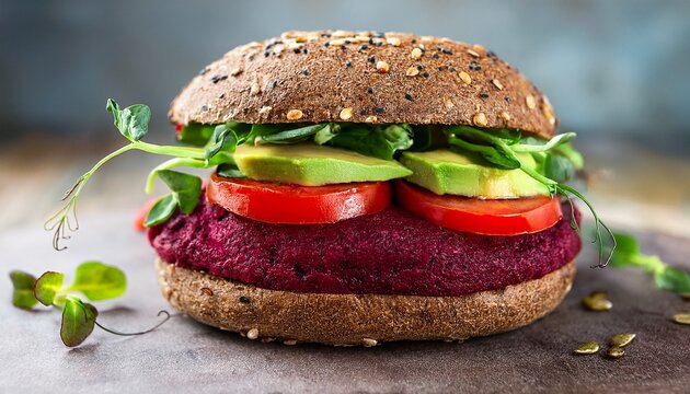 a delicious vegetarian burger with beetroot avocado tomatoes and greens on a whole grain bun useful for cooking blogs articles on healthy eating vegetarianism and recipes
