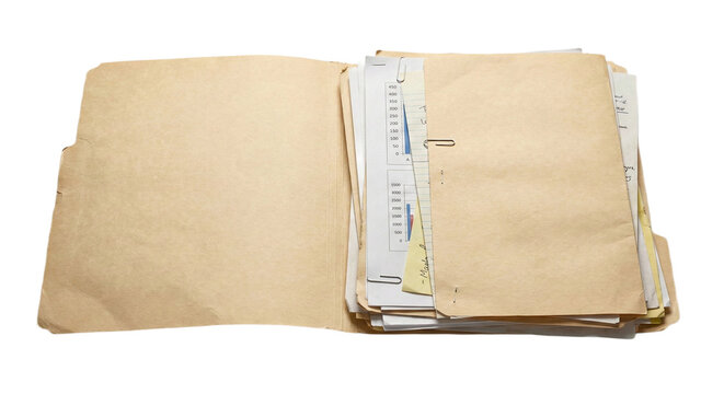 Open manila file folder with business documents, transparent background