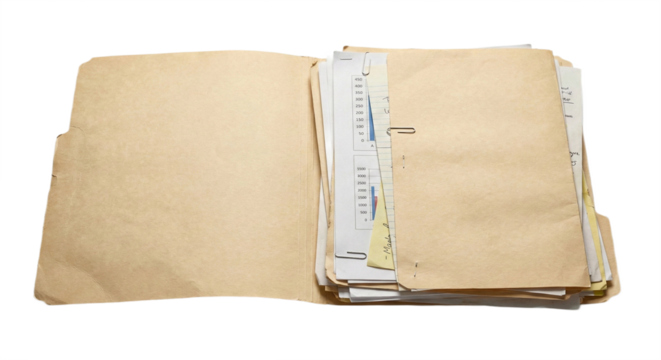 Open manila file folder with business documents, transparent background