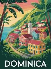 Obraz premium This scene showcases colorful houses nestled on a hillside in Dominica, surrounded by lush greenery. The coastline reflects the warm glow of the sunset, creating a serene atmosphere of the island.
