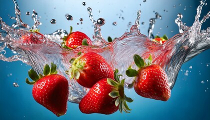 strawberries falling into water create a bright splash used in advertising fresh produce cooking blogs articles on healthy eating and for designing materials about summer desserts and vitamins