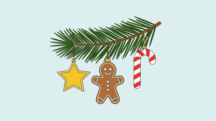 Festive Christmas tree ornaments a gingerbread man, candy cane, and star hanging from a pine branch