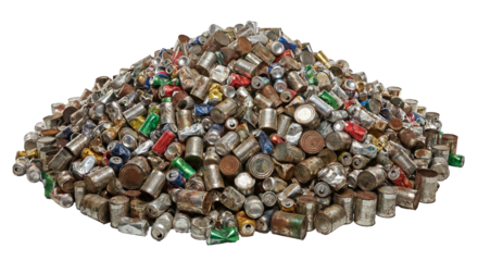 Pile of assorted metal cans for recycling, transparent background