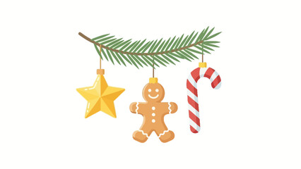 Festive Christmas Ornaments Gingerbread Man, Candy Cane, and Star Decorations Hanging on a Pine Branch
