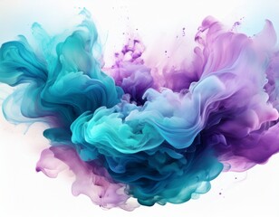 aqua and lavender smoke explosion on white background isolated on a white background