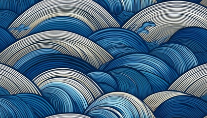 seamless japanese wave pattern with wood cut style blue pattern with ocean texture