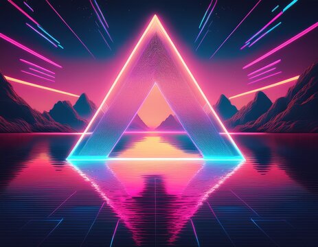retro futuristic triangular neon frame on lake synthwave style background forced perspective - Powered by Adobe