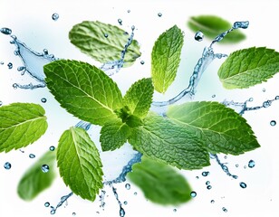 fresh mint leaves and water drops in the air isolated on white background