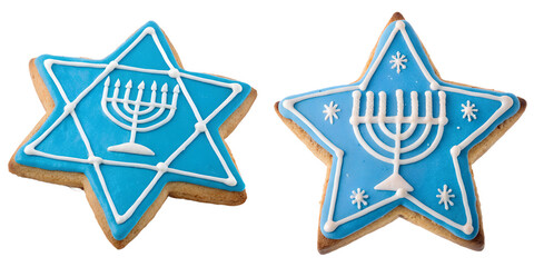 Festive hanukkah cookies decorated as blue stars of david with menorah, celebrating jewish holiday baking traditions