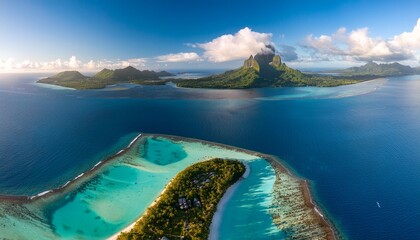 symmetrical aerial view of bora bora lagoon with raiatea and tahaa islands in background