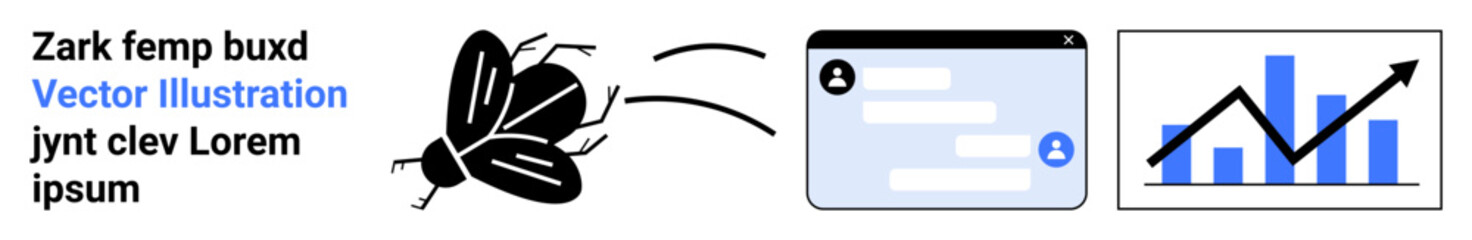Fototapeta premium Data security, analytics tools, digital transformation, bug tracking, programming issues, and software development. A bug icon, user interface element and growth chart. Data security and analytics