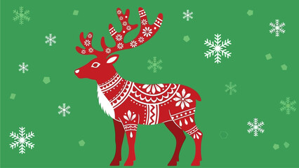 Festive Red Reindeer with Intricate Scandinavian-Inspired Patterns and Snowflakes on a Green Background