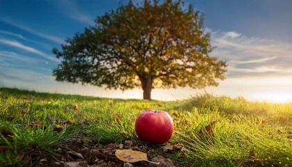 low angle view of ripe red apple fallen under a tree