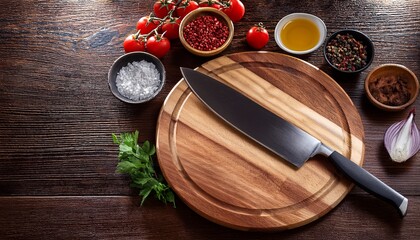 wooden cutting board with knife and ingredients
