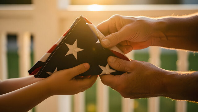 Veterans Day celebration featuring hands of senior passing folded flag to child