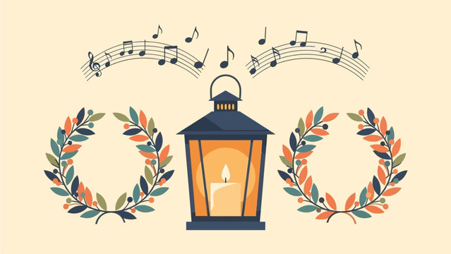 A warm lantern glows amidst musical notes and festive wreaths, symbolizing celebration and remembrance with a touch of nature's beauty