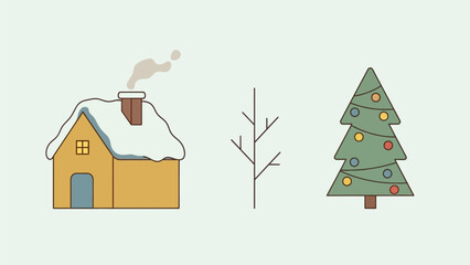 Cozy winter scene featuring a snow-covered house, bare branches, and a decorated Christmas tree, perfect for holiday greetings