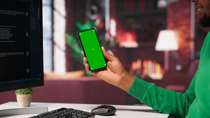 Black guy interacting with intelligent AI chatbot on pc next to copy space screen, using smart innovative system. Machine learning enhances efficiency through advanced algorithms. Camera A.