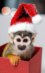 Little cute monkey wearing Santa Claus hat and sitting in a red Christmas gift box