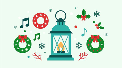 Festive Christmas lantern surrounded by wreaths, snowflakes, and musical notes, creating a joyful holiday atmosphere