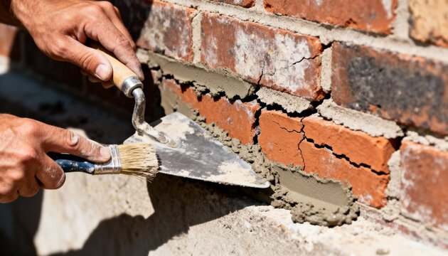 Professional tuckpointing process capturing hand tools smoothing mortar into cracking brickwork enhancing building facade durability.