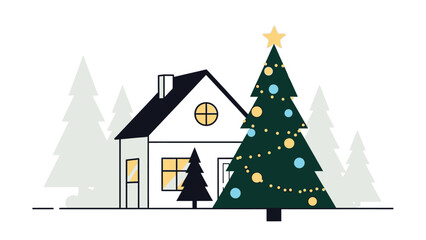 Obraz premium Cozy winter scene with a decorated Christmas tree and a charming house, perfect for holiday greetings and festive designs