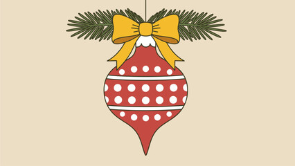 Festive Red and White Polka Dot Christmas Ornament with Green Pine Needles and Yellow Bow