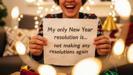 Hilarious woman joyfully embracing new year by ditching resolutions and celebrating the freedom of laughter and holiday spirit with festive decorations