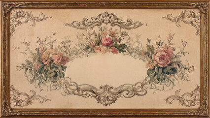 Vintage ornate floral illustration with delicate roses, intricate scrolls, and a central blank space, framed in gold, evoking classic elegance.