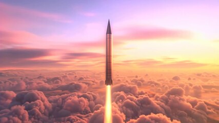 Rocket Ascent: A majestic rocket soars gracefully through the clouds at sunrise, leaving a trail of fire, reaching towards space. Witnessing dreams of exploration come to life.