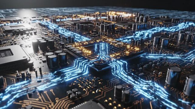 Close-up of intricate electronic circuit board with blue schematics