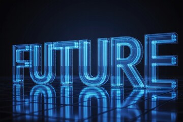 Obraz premium Vibrant blue, glowing holographic 'FUTURE' text stands on a dark digital grid. Symbolizes technological advancement, innovation, and forward-thinking vision.