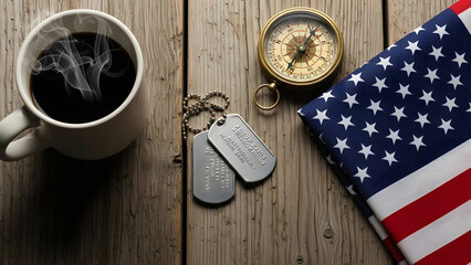 Veterans Day still life with dog tags and flag on wooden table