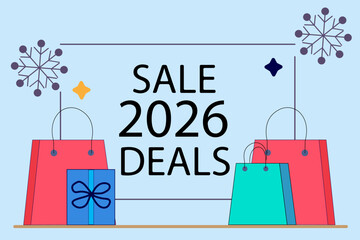 2026 Sale Deals with Shopping Bags and Gift Box on a Light Blue Background