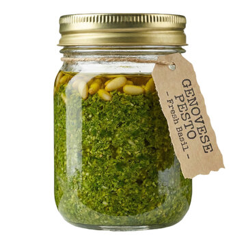 A glass jar of fresh Genovese pesto with a rustic label, transparent background