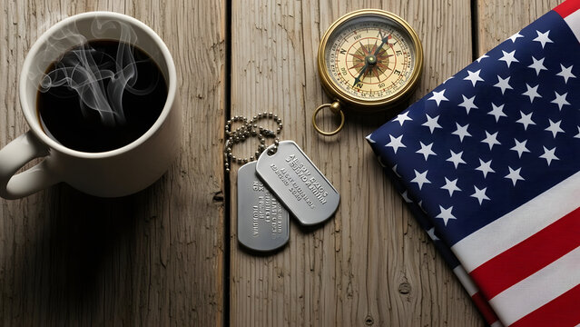 Veterans Day still life with dog tags and flag on wooden table