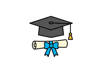 Graduation Cap and Diploma With Blue Ribbon On Black Background Celebration Achievement Education Success Knowledge Academic Ceremony Formal Attire