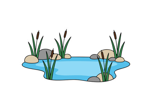 Small Blue Pond With Smooth Rocks Green Reeds And Cattails On Black Background Simple Cartoon Style Vector Illustration