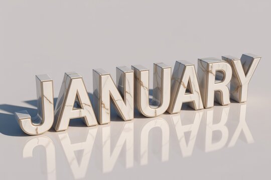 3D 'JANUARY' in white marble with golden veins, metallic trim. Reflective surface, shadows. Represents a new year, fresh starts. - Powered by Adobe
