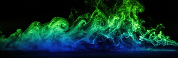 Fototapeta premium Wide panoramic abstract background of swirling neon green and blue smoke rising from the bottom.
