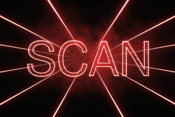 Naklejka premium A striking red neon 'SCAN' text with glowing laser beams on a dark, smoky background, conveying a sense of digital security and futuristic technology.