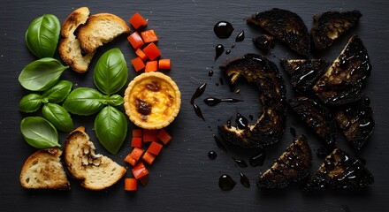 Culinary Contrast Fresh Vs Burnt Ingredients on Dark Slate