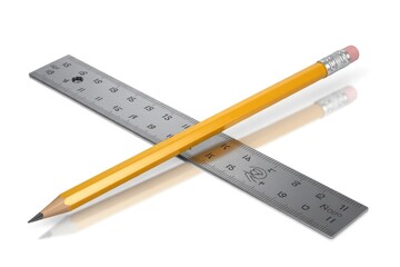 A yellow pencil crosses a silver metallic ruler on a reflective white surface, illustrating essential tools for drawing, measurement, and precise design.