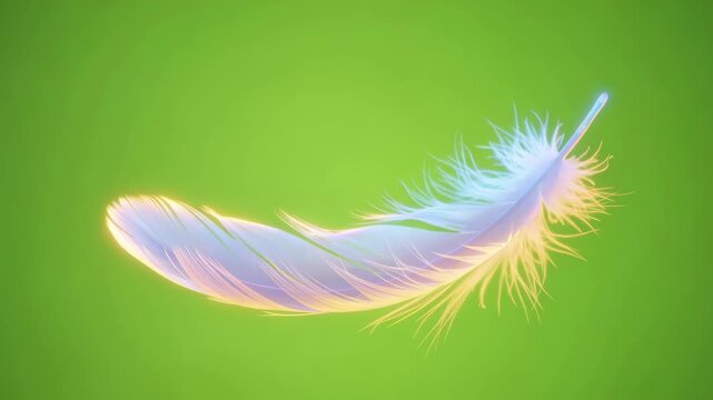 One white feather floating and gently falling on green screen, soft slow motion movement element for chromakey effect
