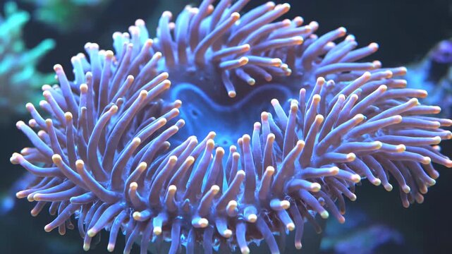 Extreme close-up of a vibrant purple sea anemone with glowing tips swaying gently in the water current