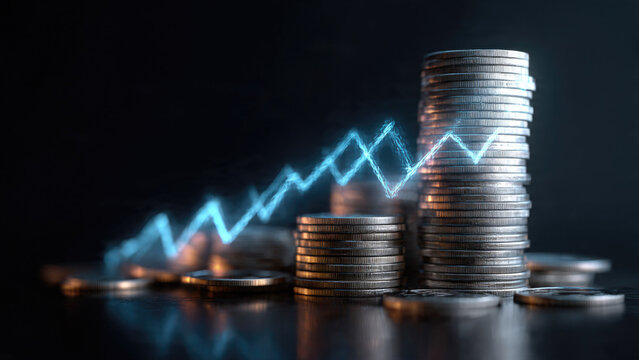 Stacks of coins illustrating financial growth and investment, overlaid with a glowing blue upward trend line representing market progress and economic success.