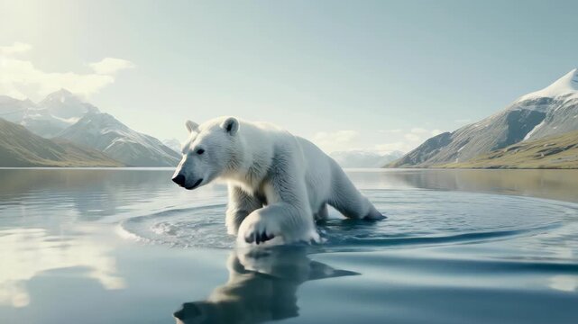 Polar Bear's Aquatic Journey: A solitary polar bear navigates the icy waters of a pristine arctic lake, showcasing its adaptability and the raw beauty of its environment.
