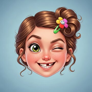 Cartoon girl with missing tooth and flower hair clip winking.