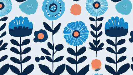 Stylized blue and coral floral pattern on white, featuring abstract folk art flowers and leaves in a seamless design.